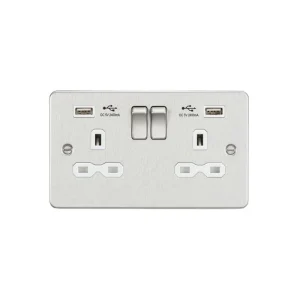 13A 2G SP Switched Socket With Dual USB A+A (5V DC 2.4A Shared) - Brushed Chrome