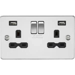13A 2G SP Switched Socket With Dual USB A+A (5V DC 2.4A Shared) - Brushed Chrome