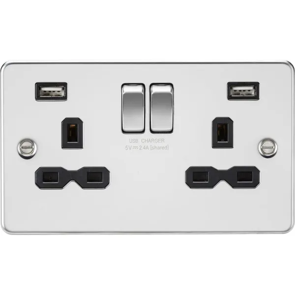 13A 2G SP Switched Socket With Dual USB A+A (5V DC 2.4A Shared) - Brushed Chrome