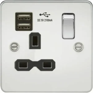 FPR9901PC 13A 1G SP Switched Socket with Dual USB A+A (5V DC 2.1A shared) - Polished