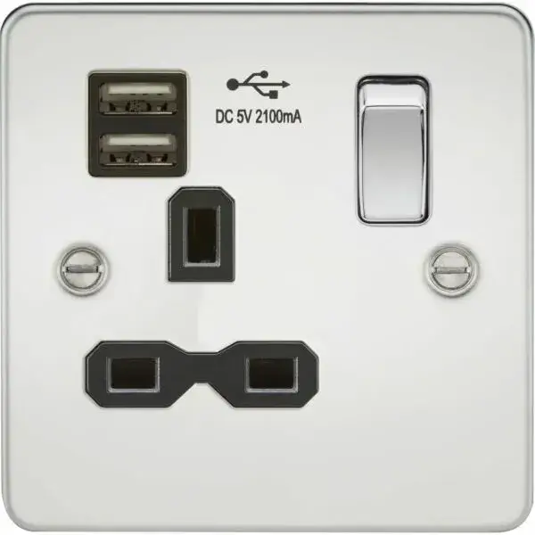 FPR9901PC 13A 1G SP Switched Socket with Dual USB A+A (5V DC 2.1A shared) - Polished