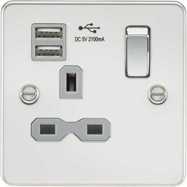 FPR9901PCG 13A 1G SP Switched Socket with Dual USB A+A (5V DC 2.1A shared) - Polished