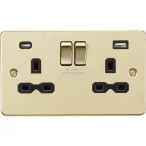 13A 2G SP Switched Socket with Dual USB A+C (5V DC 4.0A shared) - Brushed Brass