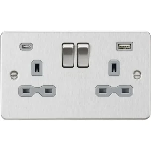 13A 2G SP Switched Socket with Dual USB A+C (5V DC 4.0A shared) - Brushed Chrome