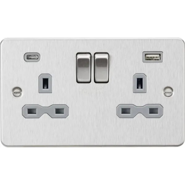 13A 2G SP Switched Socket with Dual USB A+C (5V DC 4.0A shared) - Brushed Chrome