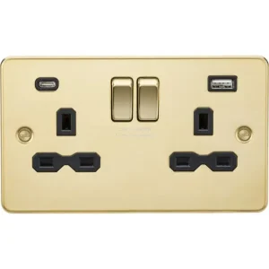13A 2G SP Switched Socket with Dual USB A+C (5V DC 4.0A shared) - Polished Brass