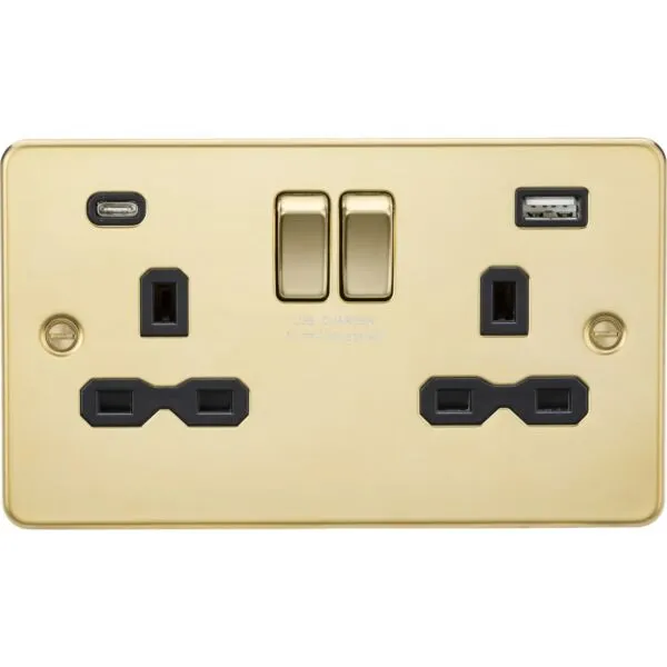 13A 2G SP Switched Socket with Dual USB A+C (5V DC 4.0A shared) - Polished Brass