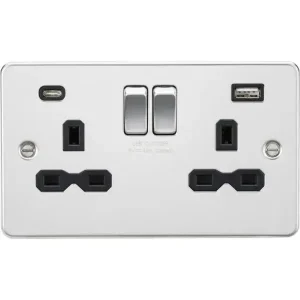 FPR9940PC 13A 2G SP Switched Socket with Dual USB A+C (5V DC 4.0A shared) - Polished