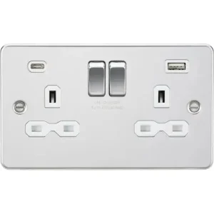 FPR9940PCW 13A 2G SP Switched Socket with Dual USB A+C (5V DC 4.0A shared) - Polished