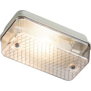 E27PC 230V IP65 100W Max (ES) E27 Bulkhead With Clear Prismatic Diffuser And White Aluminium Base