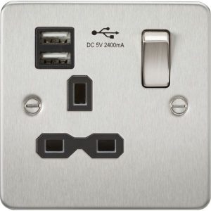 FPR9124BC 13A 1G SP Switched Socket with Dual USB A+A (5V DC 2.4A shared) - Brushed
