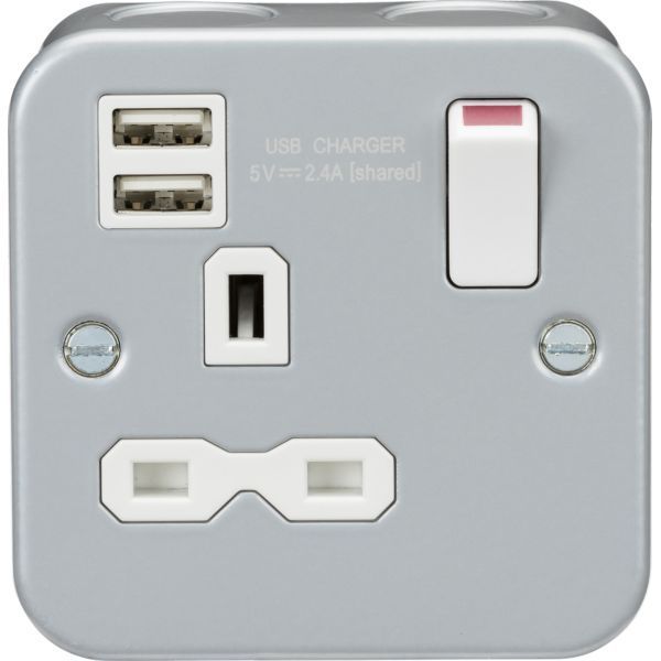 MR9124 Metal Clad 13A 1G Switched Socket with Dual USB Charger (2.4A)