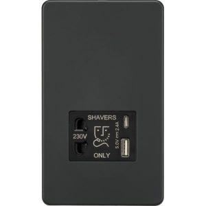 SF8909AT 230V Shaver Socket with Dual USB A+C [5V DC 2.4A shared] - Anthracite