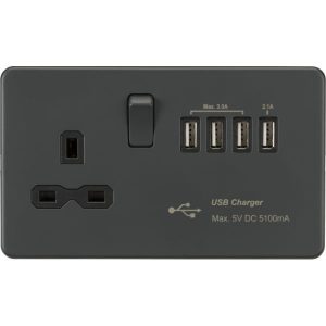 SFR7USB4AT 13A Switched Socket with Quad USB-A (5V DC 5.1A shared) - Anthracite with Black Insert