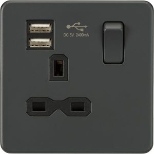 SFR9124AT 13A 1G SP Switched Socket with Dual USB A+A (5V DC 2.4A shared) - Anthracite
