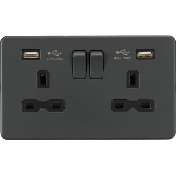 SFR9224AT 13A 2G SP Switched Socket with Dual USB A+A (5V DC 2.4A shared) - Anthracite