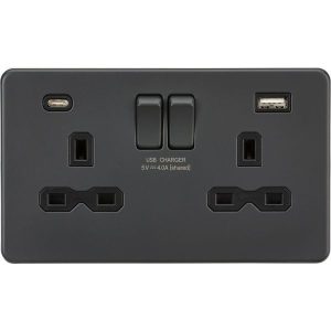 SFR9940AT 13A 2G SP Switched Socket with Dual USB A+C (5V DC 4.0A shared) - Anthracite