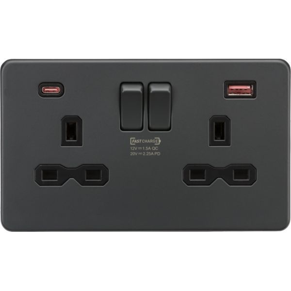 SFR9945AT 13A 2G DP Switched Socket with Dual USB A+C 20V DC 2.25A (Max. 45W) -