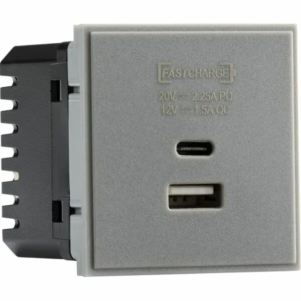 Dual USB Charger A+C (18W QC / 45W USB-PD) 50 x 50mmm - Grey