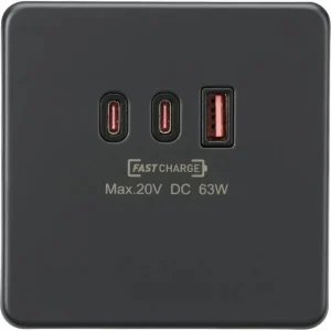 230V Triple USB Charger Plate 2xUSB-C 1xUSB-A [20V DC Max. 63W] - Anthracite