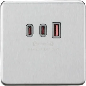 230V Triple USB Charger Plate 2xUSB-C 1xUSB-A [20V DC Max. 63W] - Brushed Chrome with Grey Insert