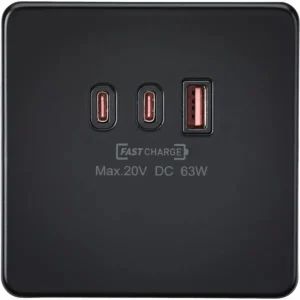 230V Triple USB Charger Plate 2xUSB-C 1xUSB-A [20V DC Max. 63W] - Matt Black