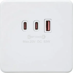 SF63WMW 230V Triple USB Charger Plate 2xUSB-C 1xUSB-A [20V DC Max. 63W] - Matt White