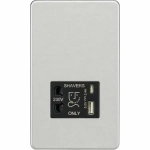 SF8909BC 230V Shaver Socket with Dual USB A+C [5V DC 2.4A shared] - Brushed Chrome with