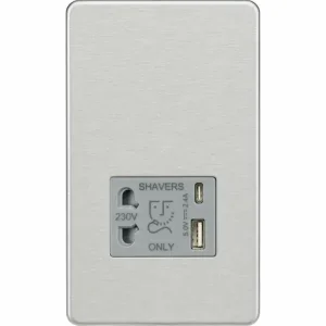 SF8909BCG 230V Shaver Socket with Dual USB A+C [5V DC 2.4A shared] - Brushed Chrome with
