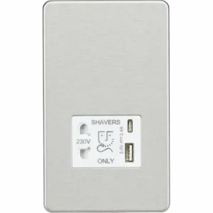 SF8909BCW 230V Shaver Socket with Dual USB A+C [5V DC 2.4A shared] - Brushed Chrome With