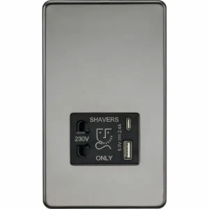 230V Shaver Socket with Dual USB A+C [5V DC 2.4A shared] - Black Nickel with Black