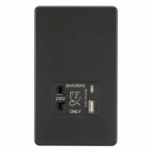 230V Shaver Socket with Dual USB A+C [5V DC 2.4A shared] - Matt Black with Black