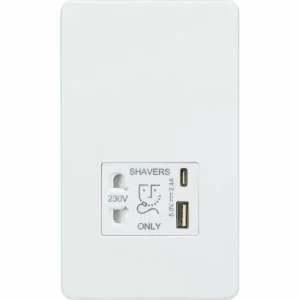 230V Shaver Socket with Dual USB A+C [5V DC 2.4A shared] - Matt White with White