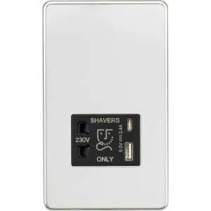 SF8909PC 230V Shaver Socket with Dual USB A+C [5V DC 2.4A shared] - Polished Chrome with