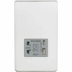 SF8909PCG 230V Shaver Socket with Dual USB A+C [5V DC 2.4A shared] - Polished Chrome with