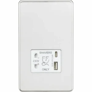 SF8909PCW 230V Shaver Socket with Dual USB A+C [5V DC 2.4A shared] - Polished Chrome with