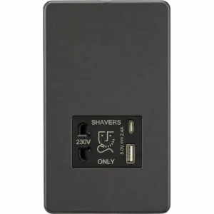 230V Shaver Socket with Dual USB A+C [5V DC 2.4A shared] - Smoked Bronze with Black