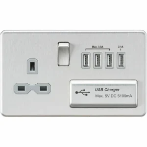 SFR7USB4BCG 13A Switched Socket with Quad USB-A (5V DC 5.1A shared) - Brushed Chrome with Grey