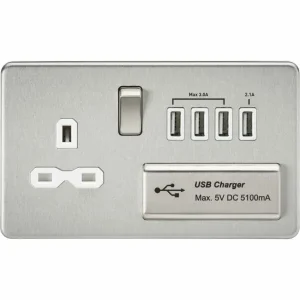 SFR7USB4BCW 13A Switched Socket with Quad USB-A (5V DC 5.1A shared) - Brushed Chrome with White