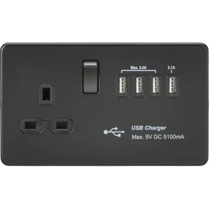 13A Switched Socket With Quad USB-A (5V DC 5.1A Shared) - Matt Black With Black Insert