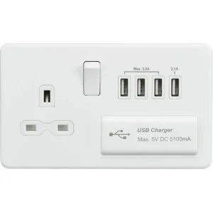 SFR7USB4MW 13A Switched Socket with Quad USB-A (5V DC 5.1A shared) - Matt White with White