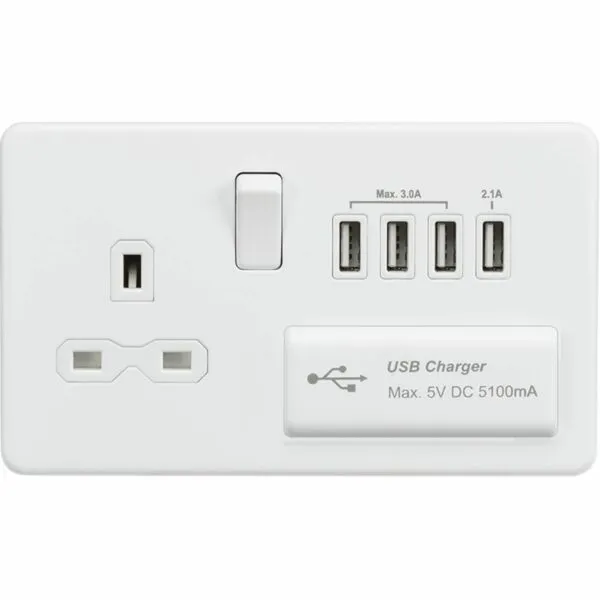 SFR7USB4MW 13A Switched Socket with Quad USB-A (5V DC 5.1A shared) - Matt White with White