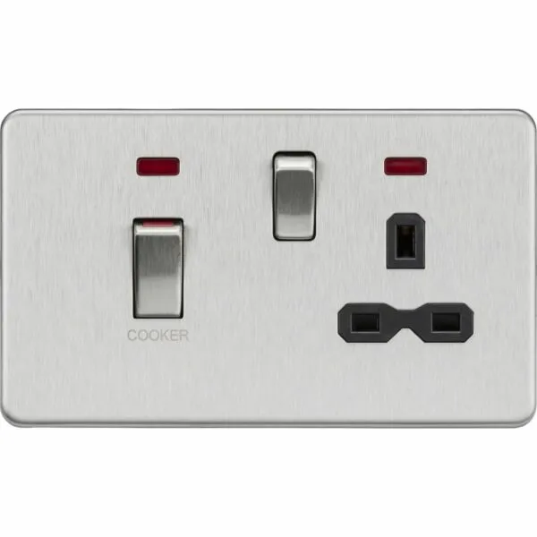 45A DP Switch & 13A Socket with Neons - Brushed Chrome with Black Insert