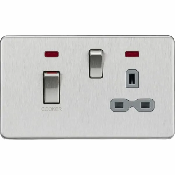 SFR83MNBCG 45A DP Switch & 13A Socket with Neons - Brushed Chrome with Grey Insert