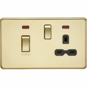 45A DP Switch & 13A Socket with Neons - Polished Brass with Black Insert