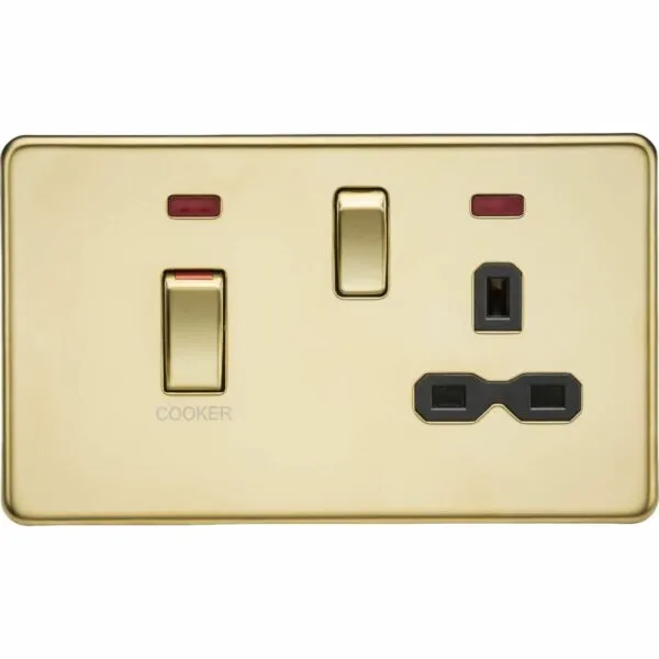 45A DP Switch & 13A Socket with Neons - Polished Brass with Black Insert