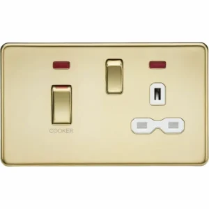 45A DP Switch & 13A Socket with Neons - Polished Brass with White Insert