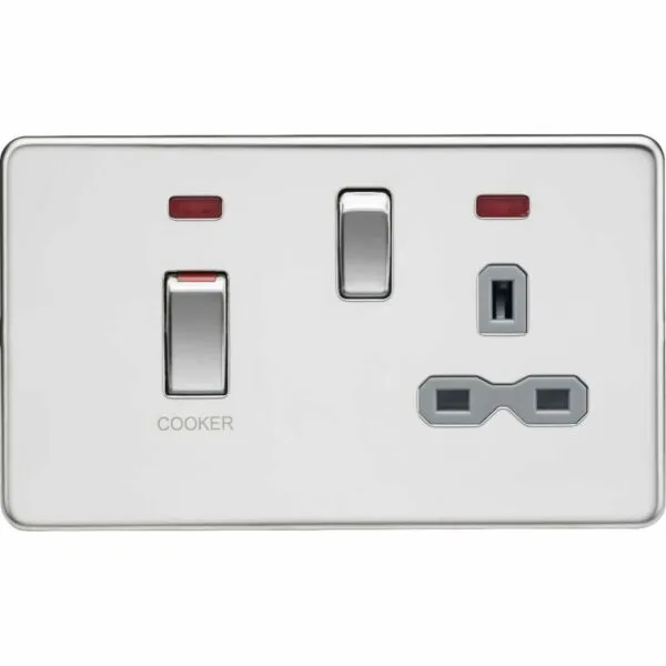 45A DP Switch & 13A Socket with Neons - Polished Chrome with Grey Insert