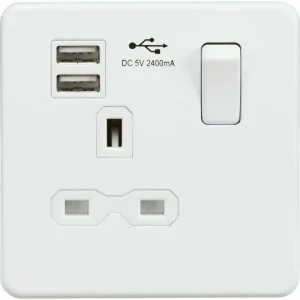 SFR9124MW 13A 1G SP Switched Socket with Dual USB A+A (5V DC 2.4A shared) - Matt