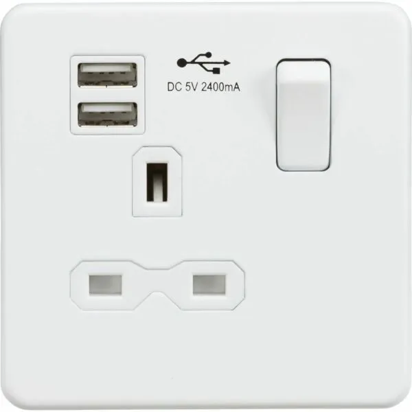 SFR9124MW 13A 1G SP Switched Socket with Dual USB A+A (5V DC 2.4A shared) - Matt